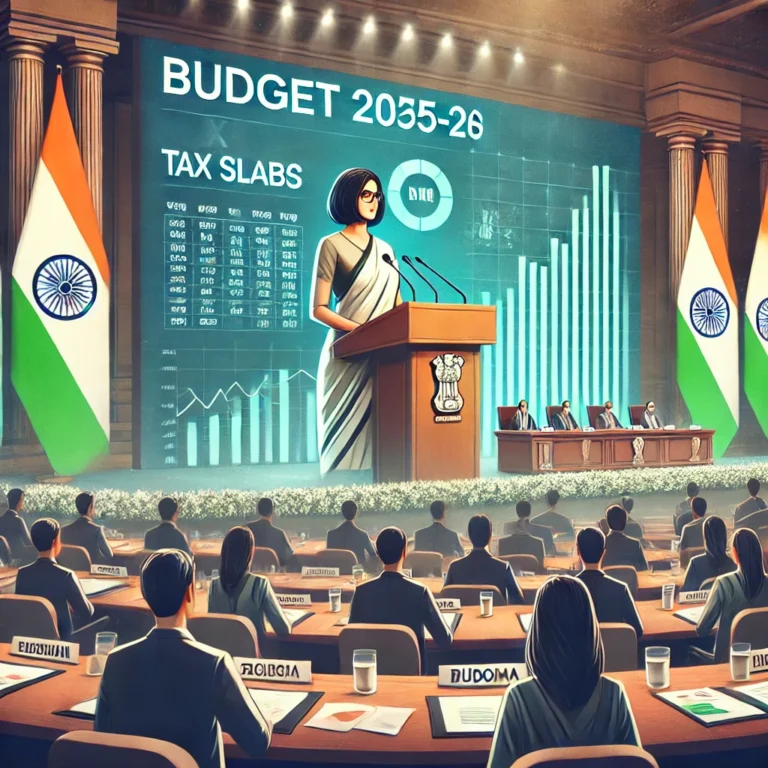 DALL·E 2025-02-04 14.08.43 - An artistic digital illustration depicting the Indian Budget 2025-26 announcement. A professional-looking female finance minister stands at a podium i