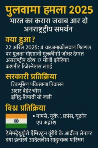 पुलवामा हमला 2025 पर आधारित भारत सरकार की प्रतिक्रिया और अंतरराष्ट्रीय समर्थन को दर्शाती हुई