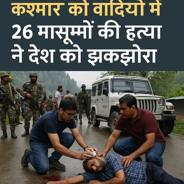 "पहलगाम आतंकी हमला 2025 में घायल व्यक्ति को सड़क पर मदद करते लोग, पीछे सेना तैनात"